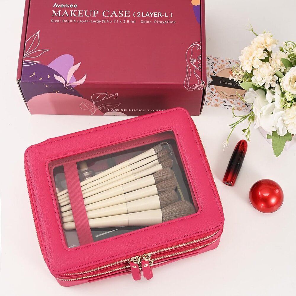 XL Clear Makeup Organizer,Double Layer Travel Cosmetic Case with Brush Holder & - Picture 3 of 3